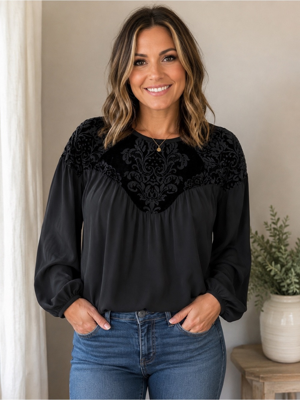 Express Black Velvet-Yoke Long Sleeve Blouse - Black